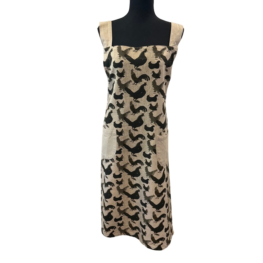 Creative Co-op Cotton Chicken Print Cross Back Pinafore Apron Beige Black